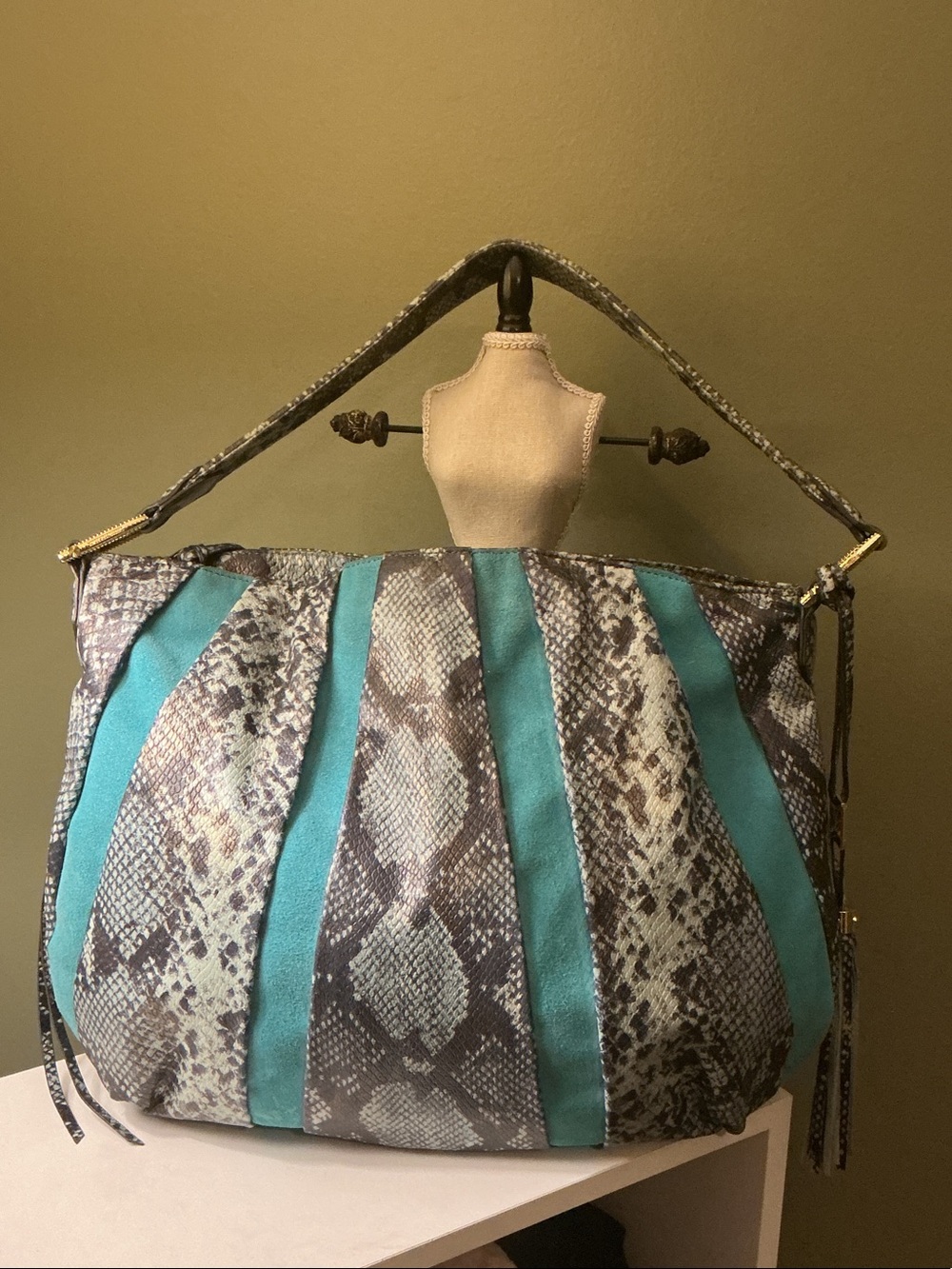 Aimee Kestenberg Turquoise Gray Snake-Print Leather & Suede Shoulder Hobo Bag